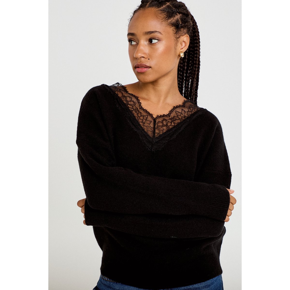 Pull col v manches longues dentelle noir, CACHE CACHE