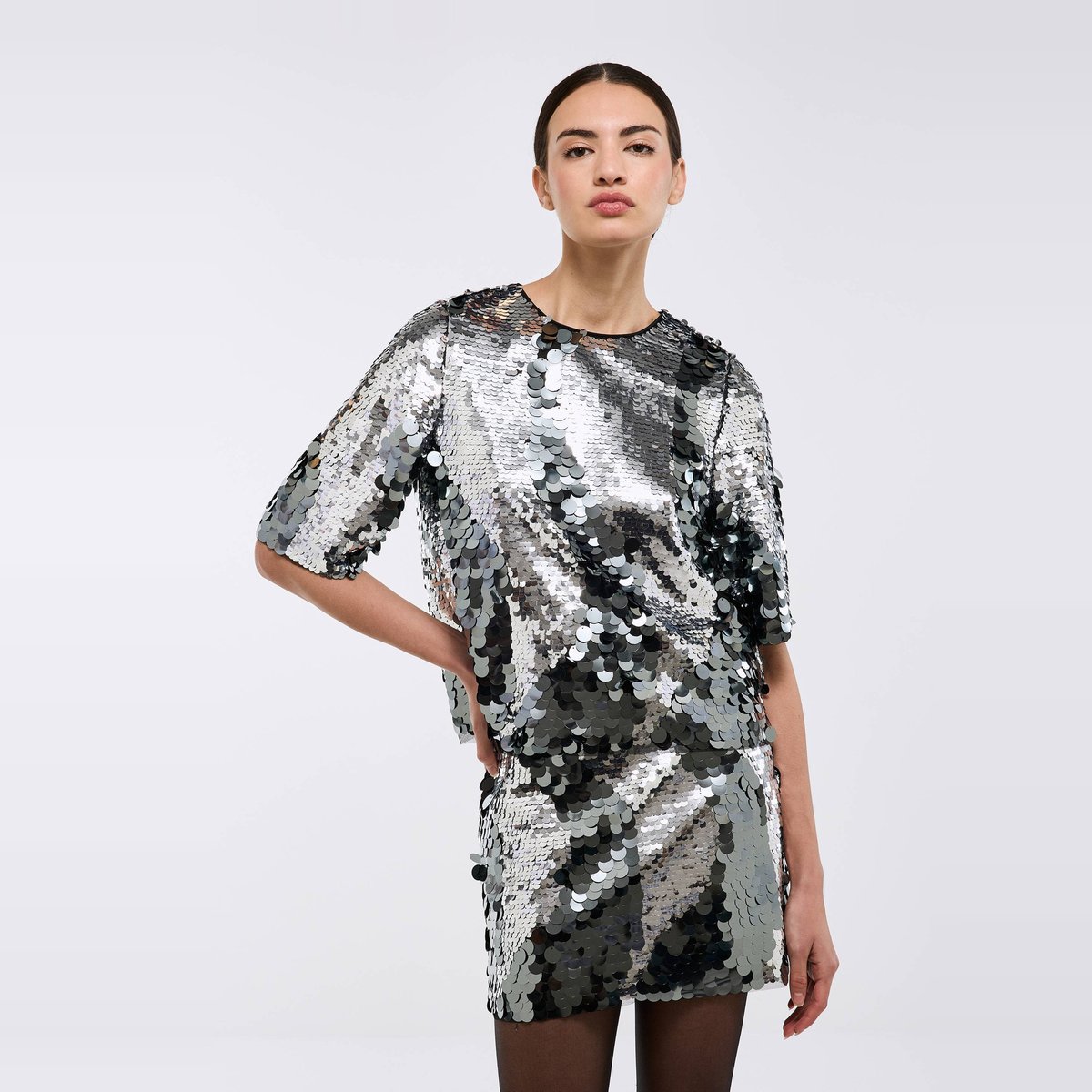Top manches courtes en sequins silver, MONOPRIX