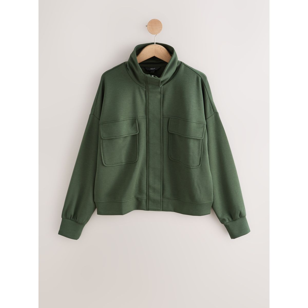 Chemise manches longues en lin mélangé veste utilitaire à fermeture éclair et col montant vert forêt, NEXT