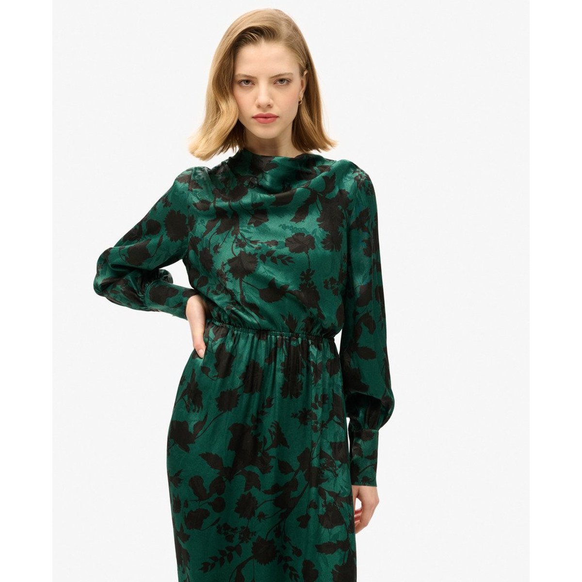 Robe longue en jacquard à col bénitier bleu sarcelle à motif floral, SUPERDRY