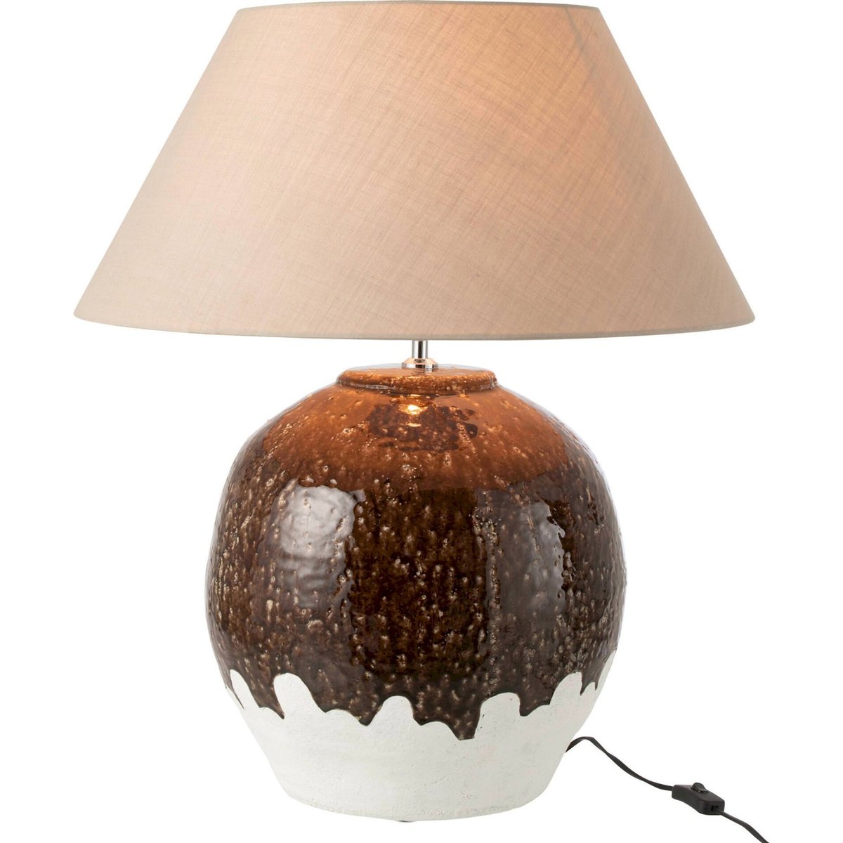 Lampe de table ronde en poterie émaillée blanc et marron foncé, RECOLLECTION