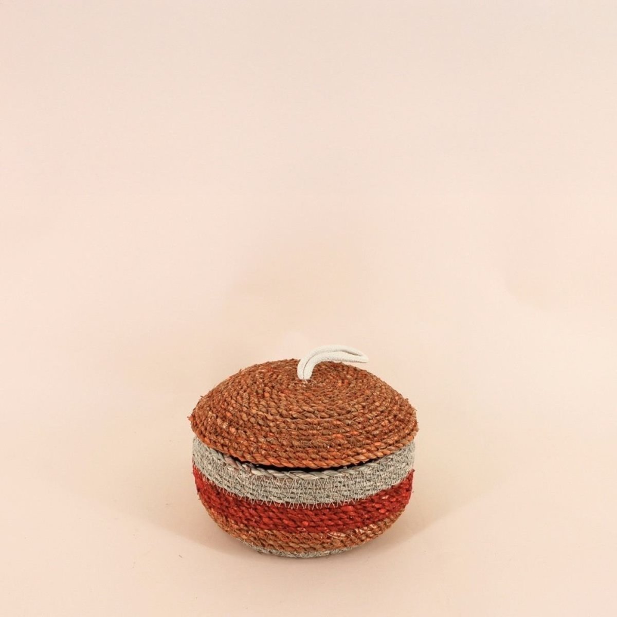 Lot de 2 paniers rayés à couvercle fibres naturelles rouge, naturel rouge, ORNAMI