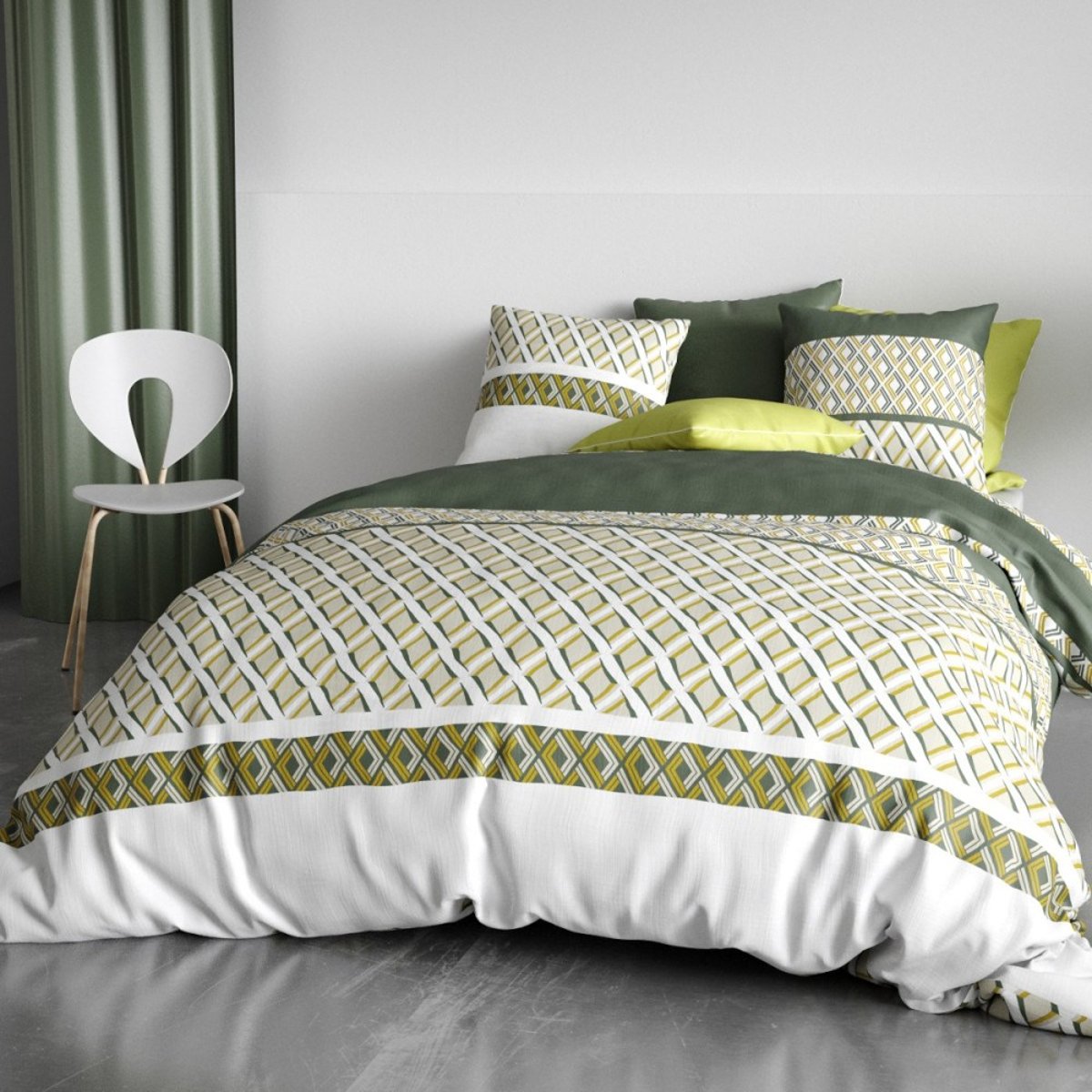 Housse de couette 260x240 NAYAA + 2 taies coton 57 fils vert, DECORATIE