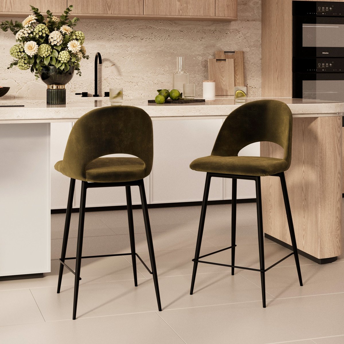 Pack 4 chaises pour îlot central en velours 65 cm - PÉNÉLOPE vert et jaune, MAISON PAVANE