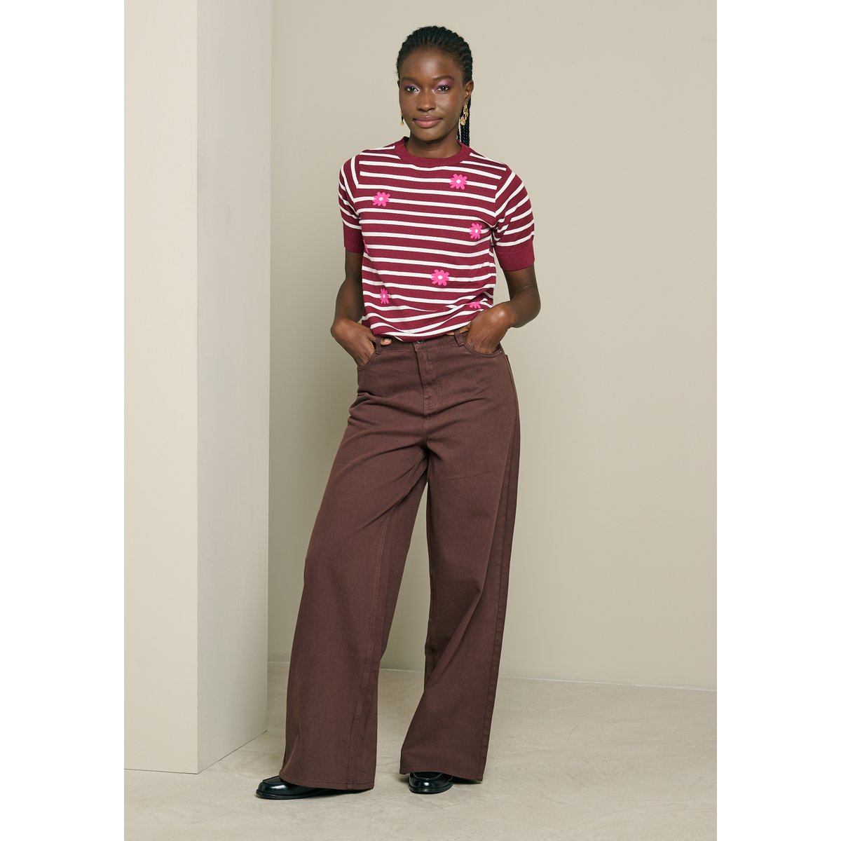 Pull rayé fleuri bordeau wine, LOLALIZA