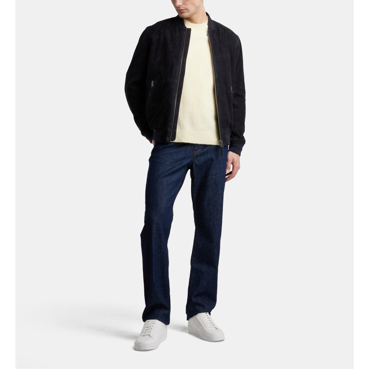 Blouson bomber mapeau en cuir bleu marine, GALERIES LAFAYETTE