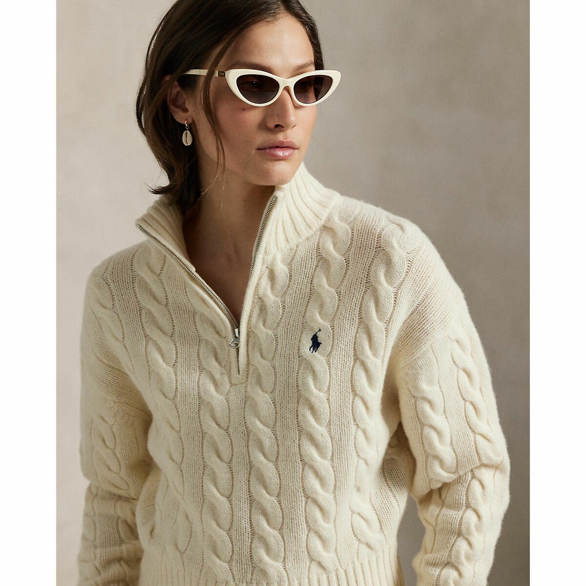 Zip-up jumber in wool and cashmere cable knit cream, POLO RALPH LAUREN
