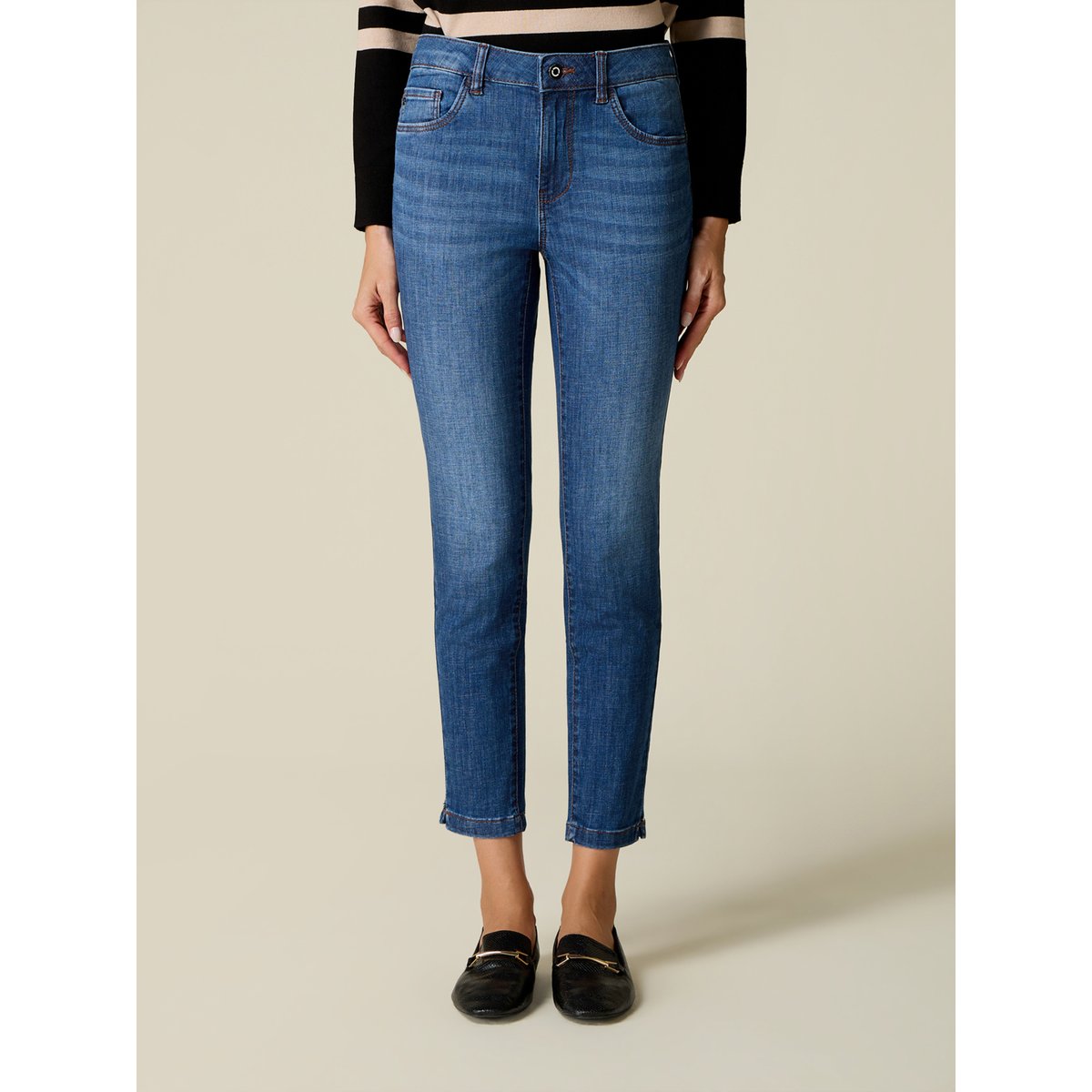 Jean skinny délavé avec rivets au bas de la jambe bleu, OLTRE