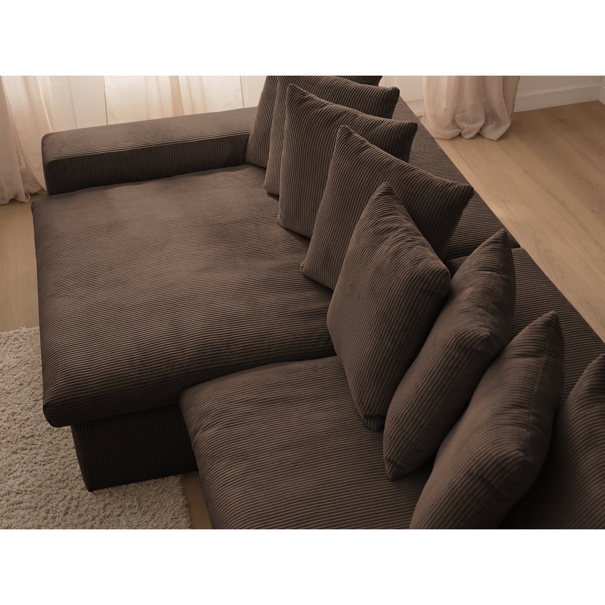 Canapé d'angle fixe 3 places en velours côtelé avec pouf, ENORE marron, BOBOCHIC