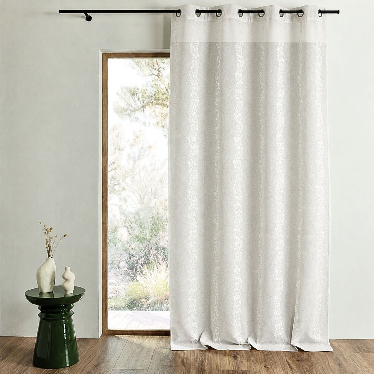 Voilage brodé à fines rayures verticales stylisées ivoire, HOME MAISON