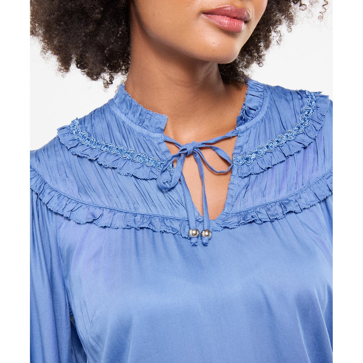 Blouse Romantique à Col Noué à Volants et Manches Ballon bleu, JOE BROWNS
