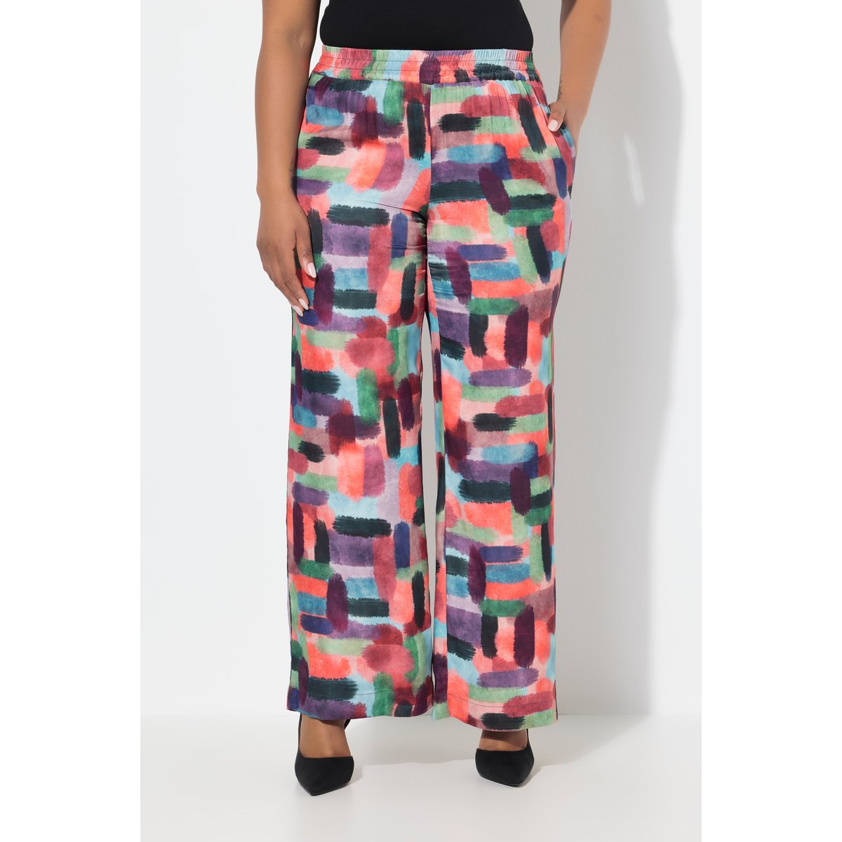 Pantalon en satin imprimé. Taille élastique noir, ULLA POPKEN
