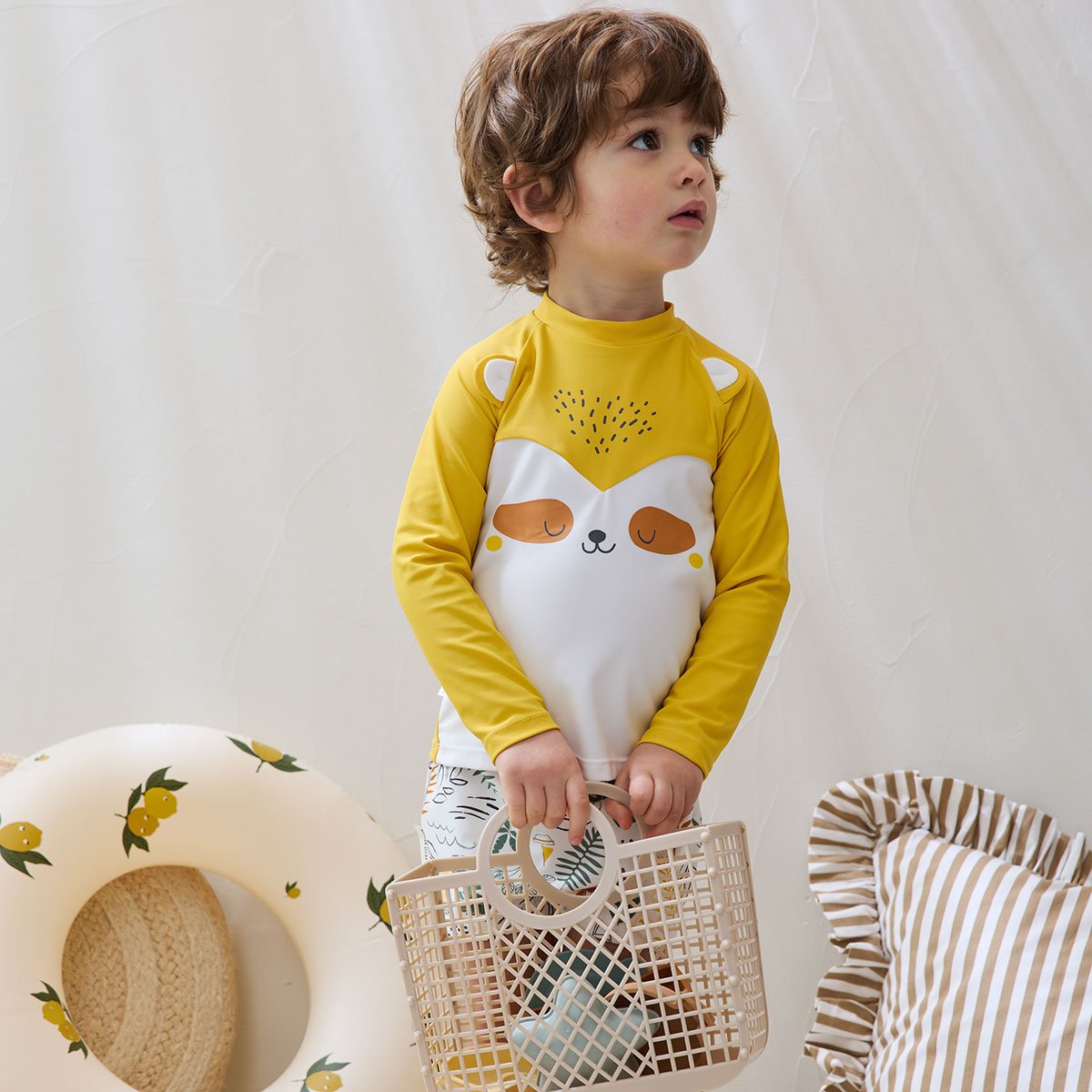 Maillot de bain bébé 2 pièces t-shirt de protection UV et boxer Baroudeur jaune, PETIT BEGUIN
