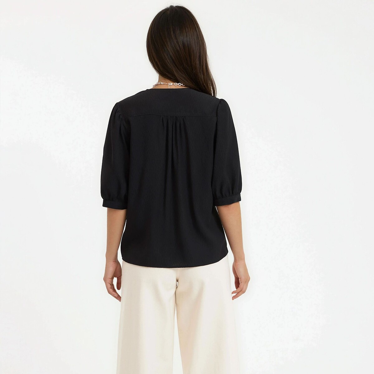 Loose Fit Blouse with V-Neck and Short Sleeves black, LA REDOUTE COLLECTIONS