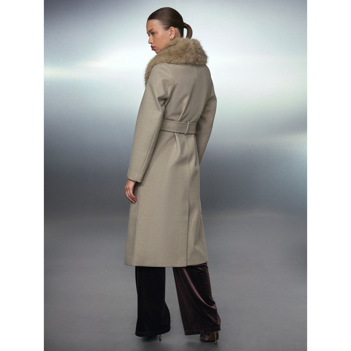Manteau avec col amovible et ceinture grège, NEXT