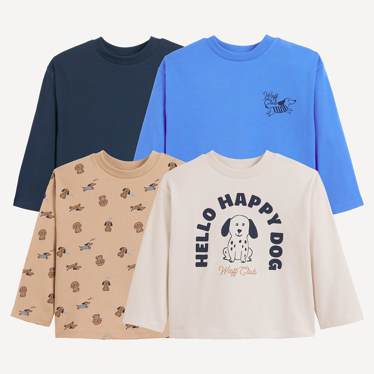 Lot de 4 T-shirts à manches longues, thème chiens bleu + imprimé écru, LA REDOUTE COLLECTIONS