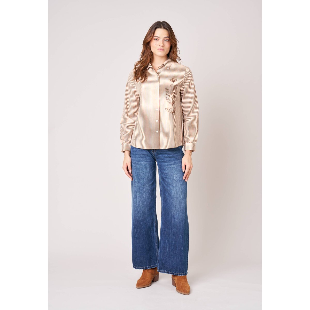 Chemise femme rayée brodée CHANTAL whisky, DEELUXE