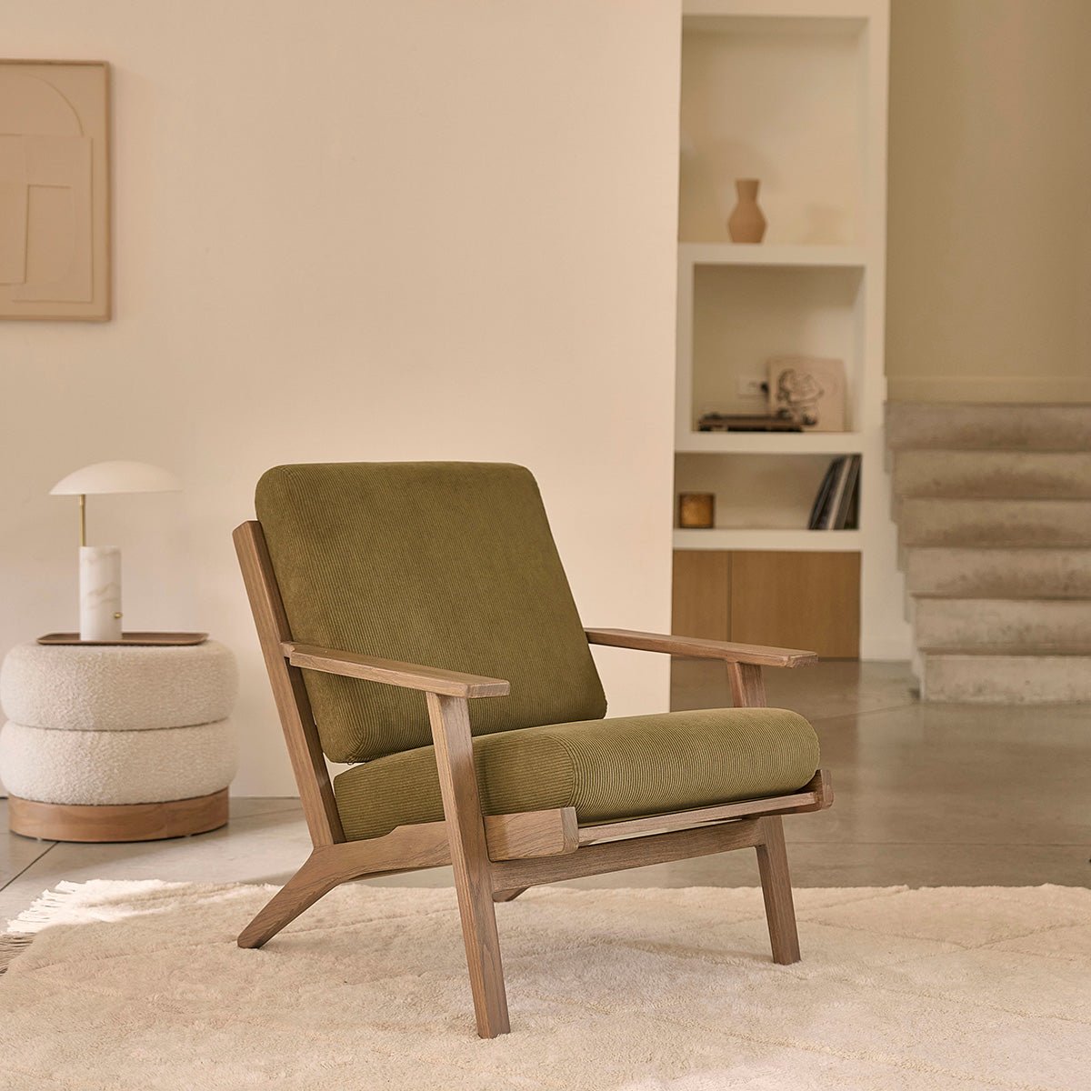 Pouf en teck massif et bouclette SERENE naturel, BERAH GETAH