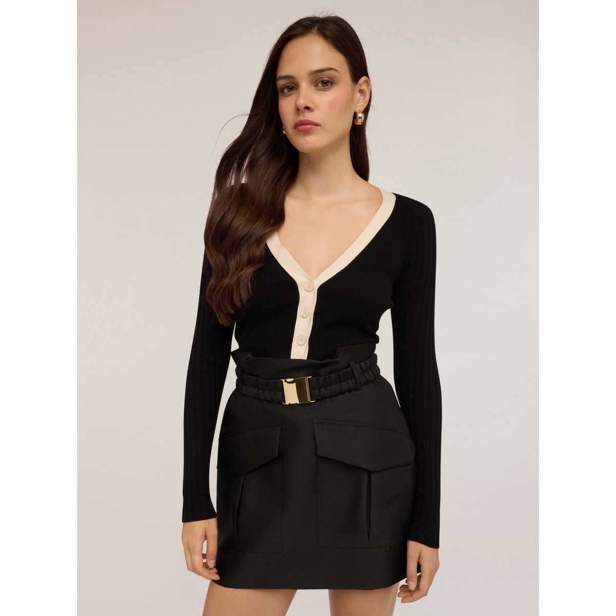 Cardigan bicolore côtelé noir, MOTIVI