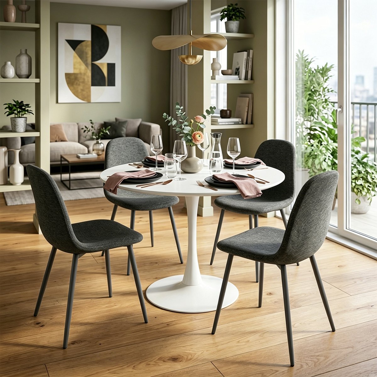 Ensemble de table à manger ronde avec 4 chaises, CLIFTWCHARLTON gris foncé, MEUBLES COSY