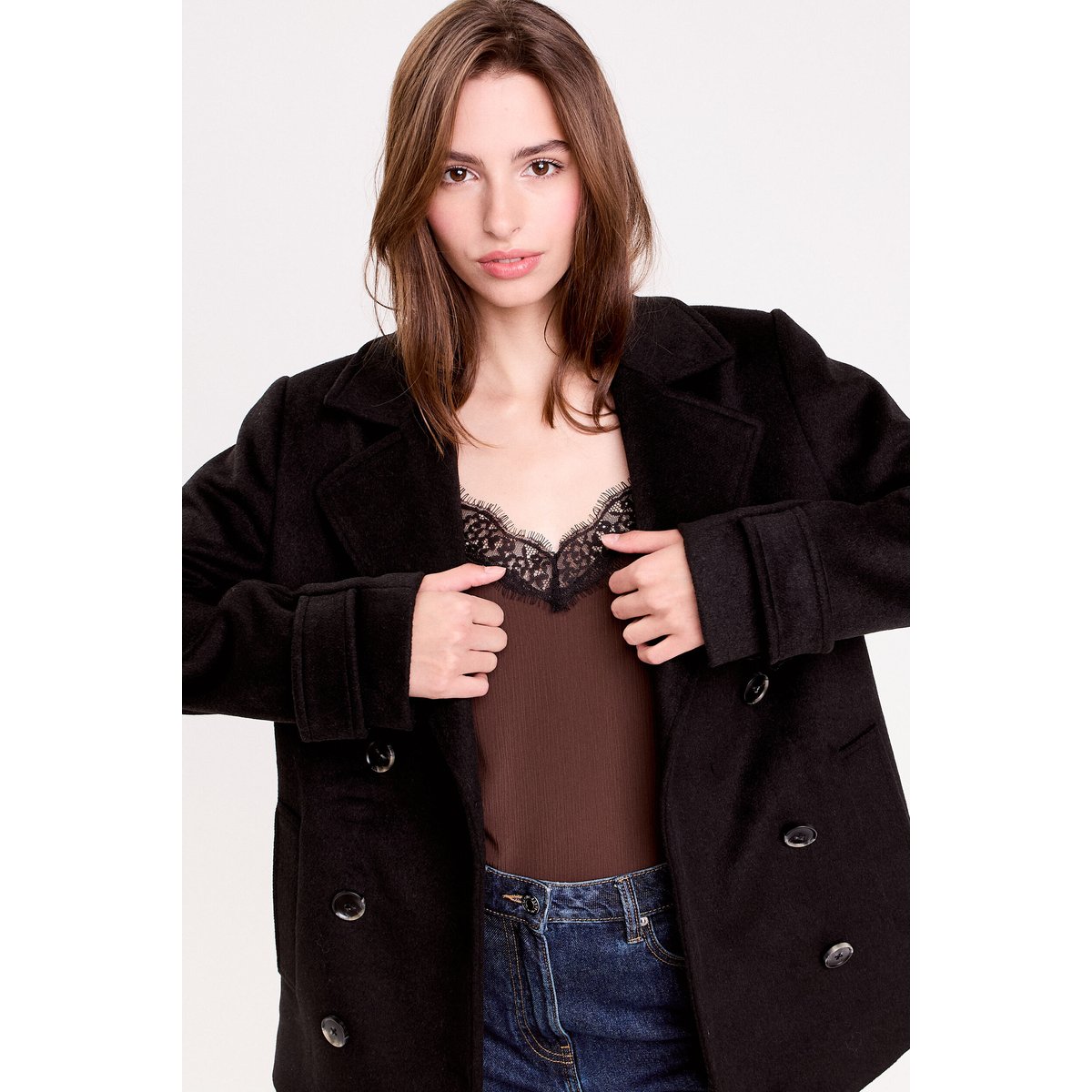 Caban col tailleur manches longues noir, CACHE CACHE