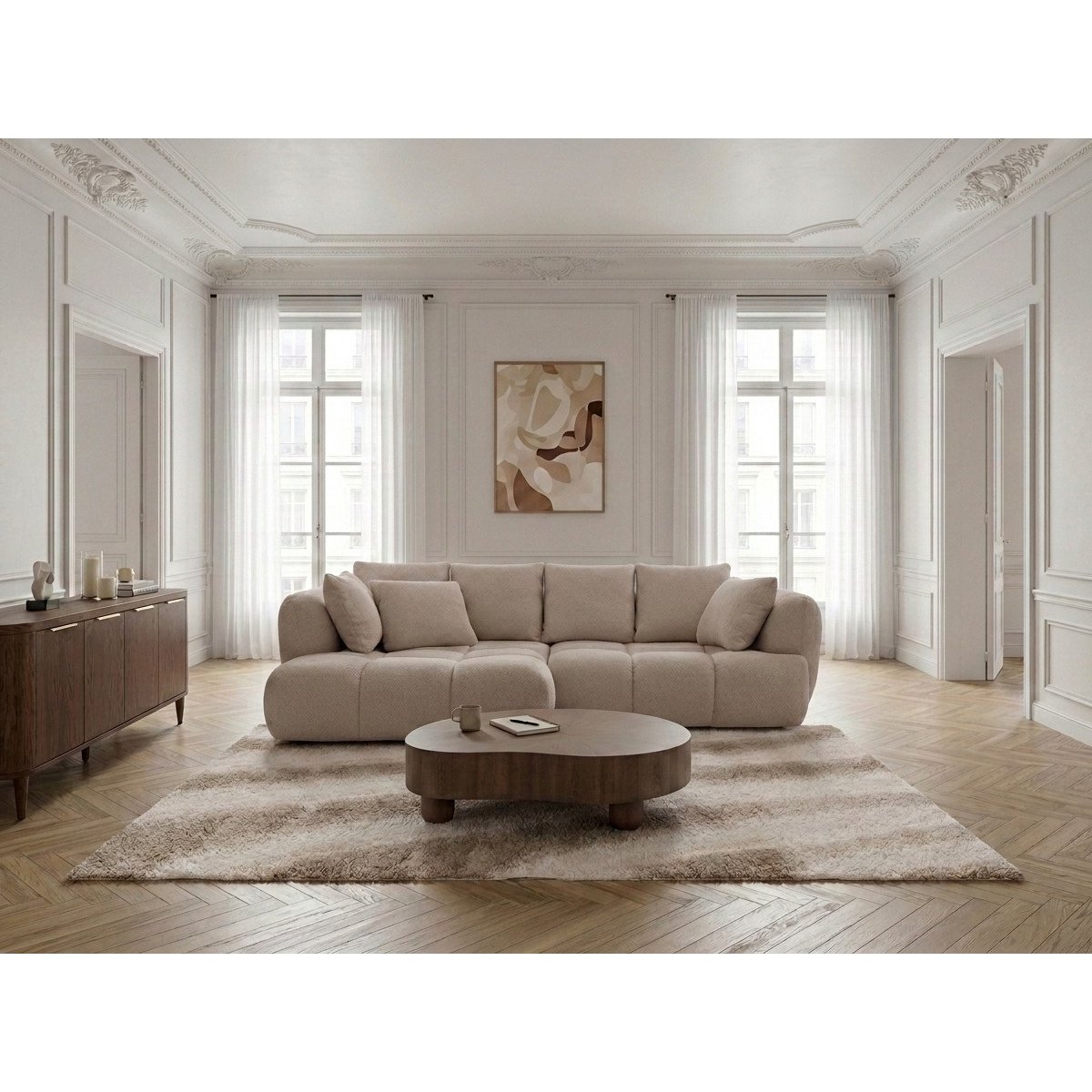 Canapé d'angle convertible 3 places en tissu bouclette, AUDE beige, BOBOCHIC
