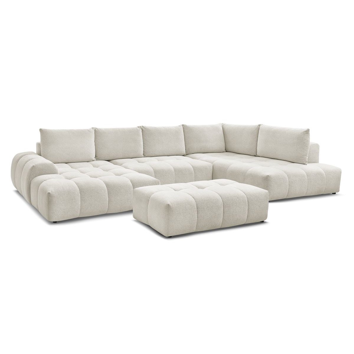 Canapé panoramique convertible 7 places en tissu chiné avec pouf, EVEREST blanc, BOBOCHIC