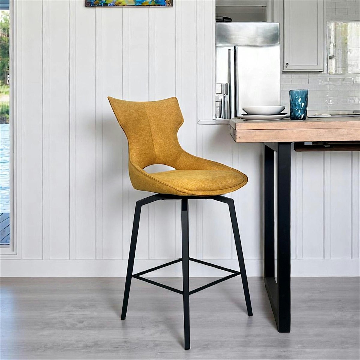 Chaise de bar pivotante en tissu (lot de 2) LOMBARDIE doré, PIER IMPORT