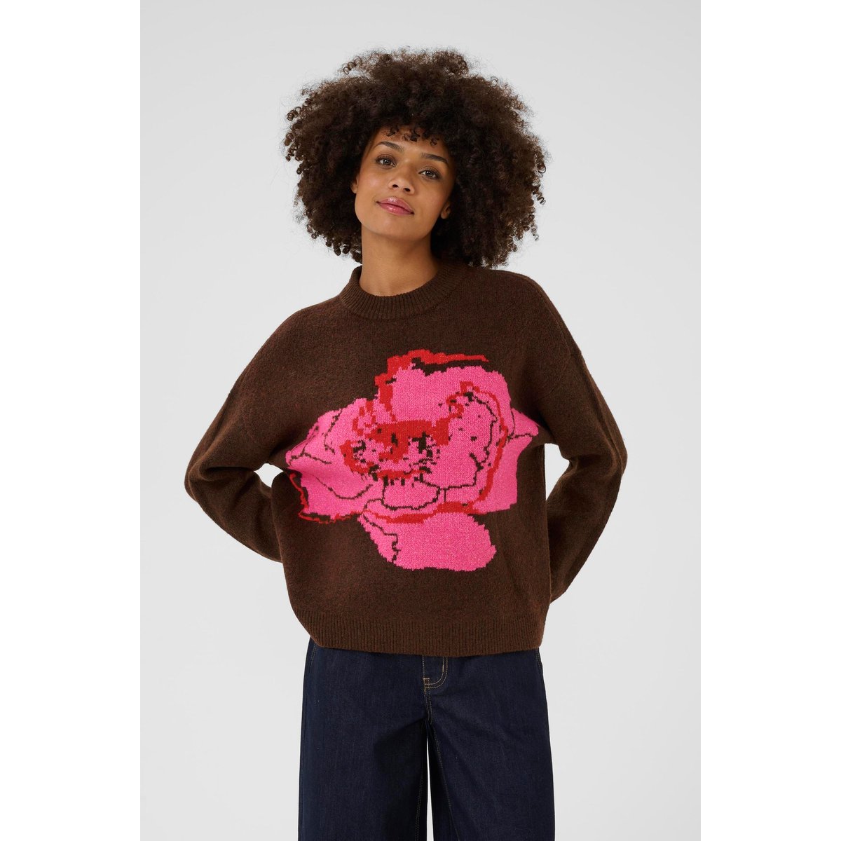 Pullover tricoté marron rose brown melange pink flower, CULTURE