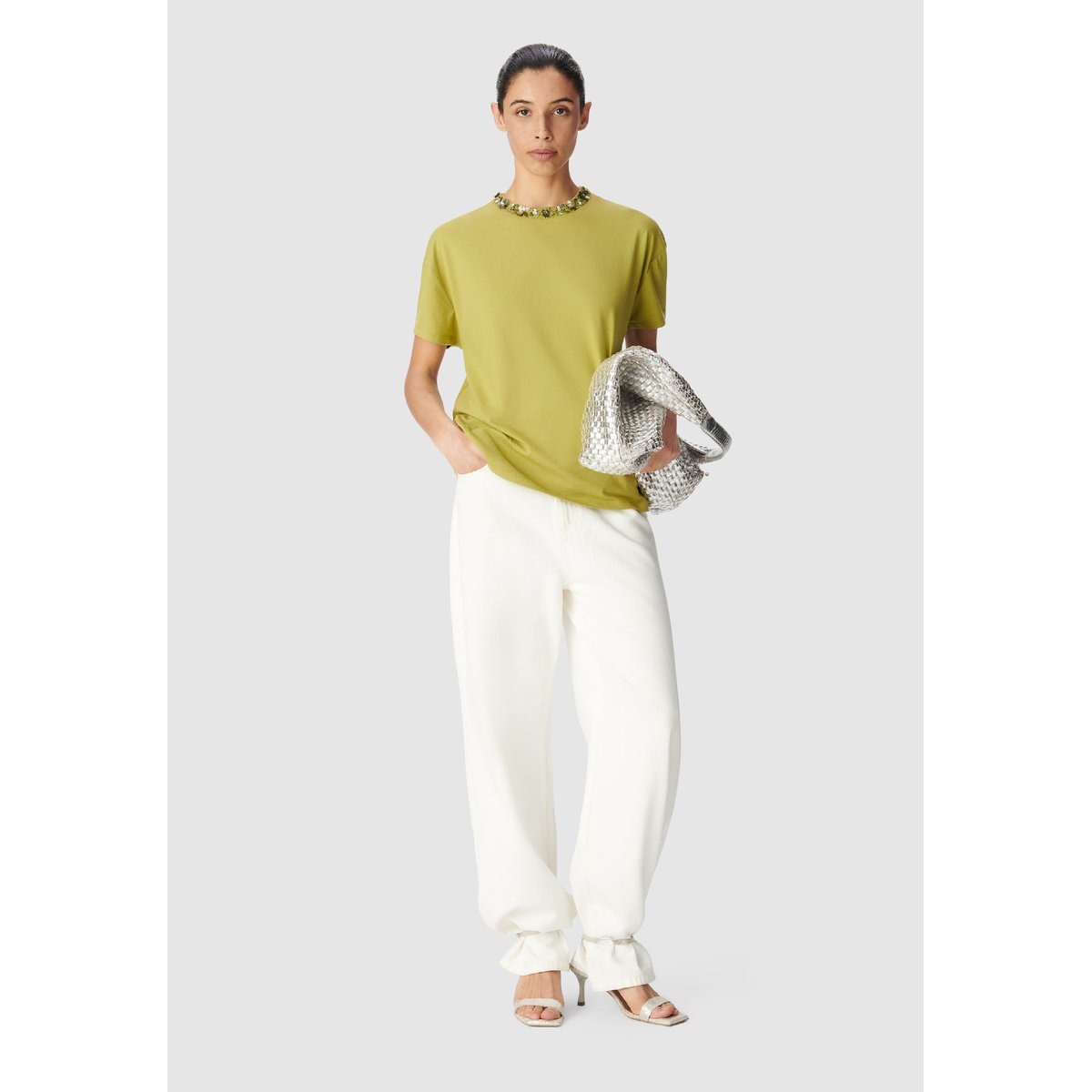 Tee-shirt manches courtes col bijou olive d'été, IKKS