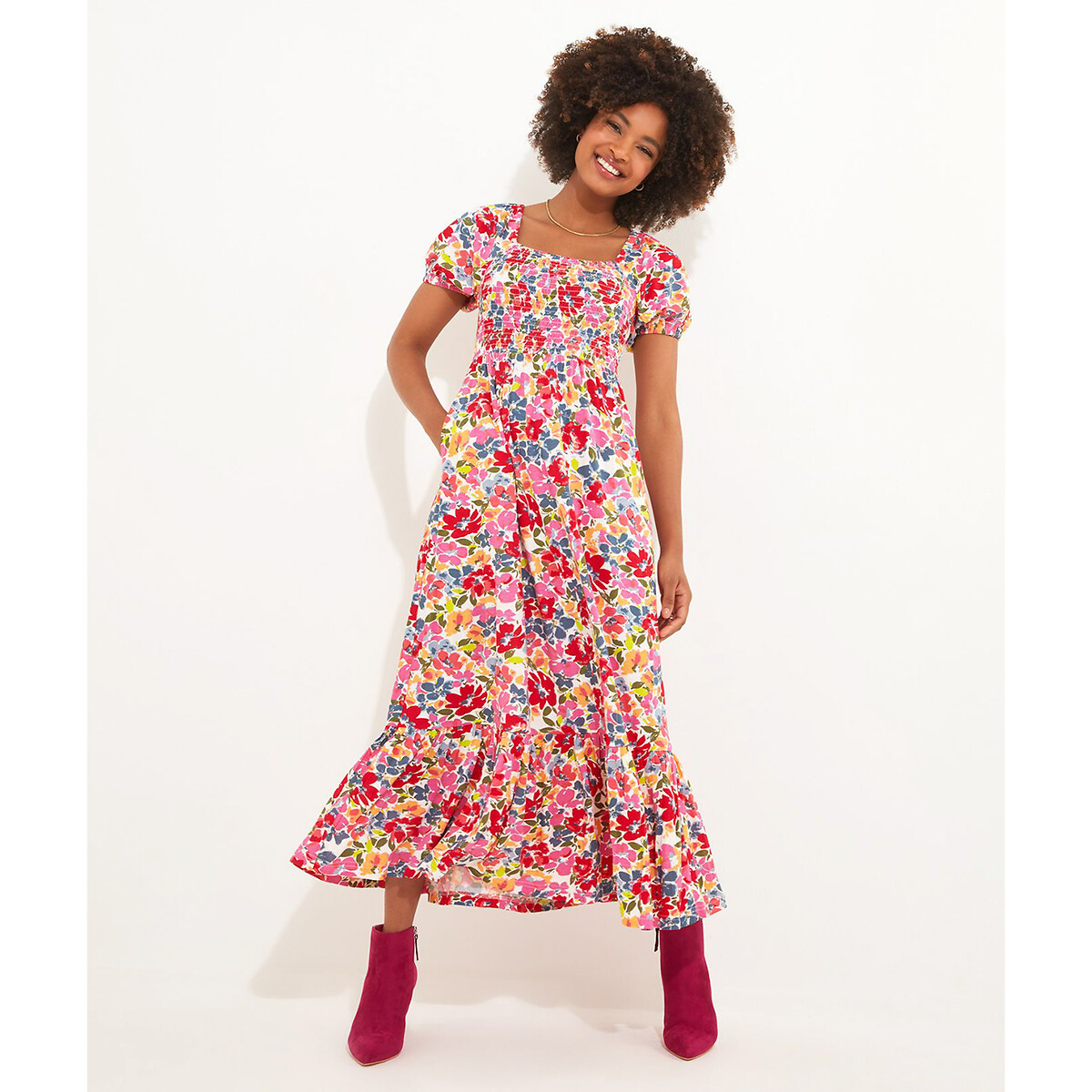 Blossom Floral Print Dress with Square Neck print/ecru background, JOE BROWNS