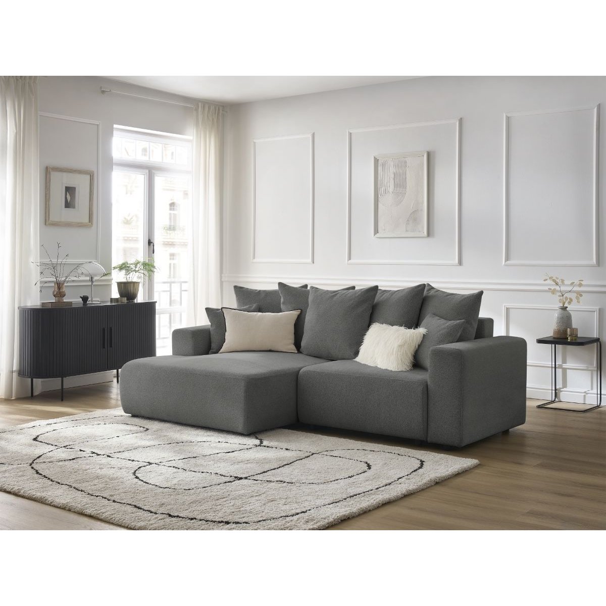 Canapé d'angle convertible 3 places en tissu chiné, ATILLA gris foncé, BOBOCHIC
