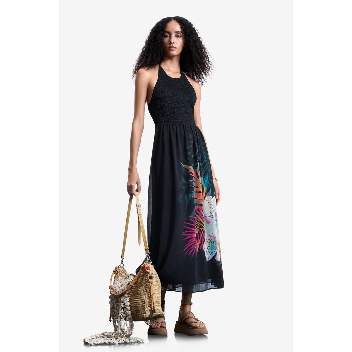 Robe halter tropicale noir, DESIGUAL