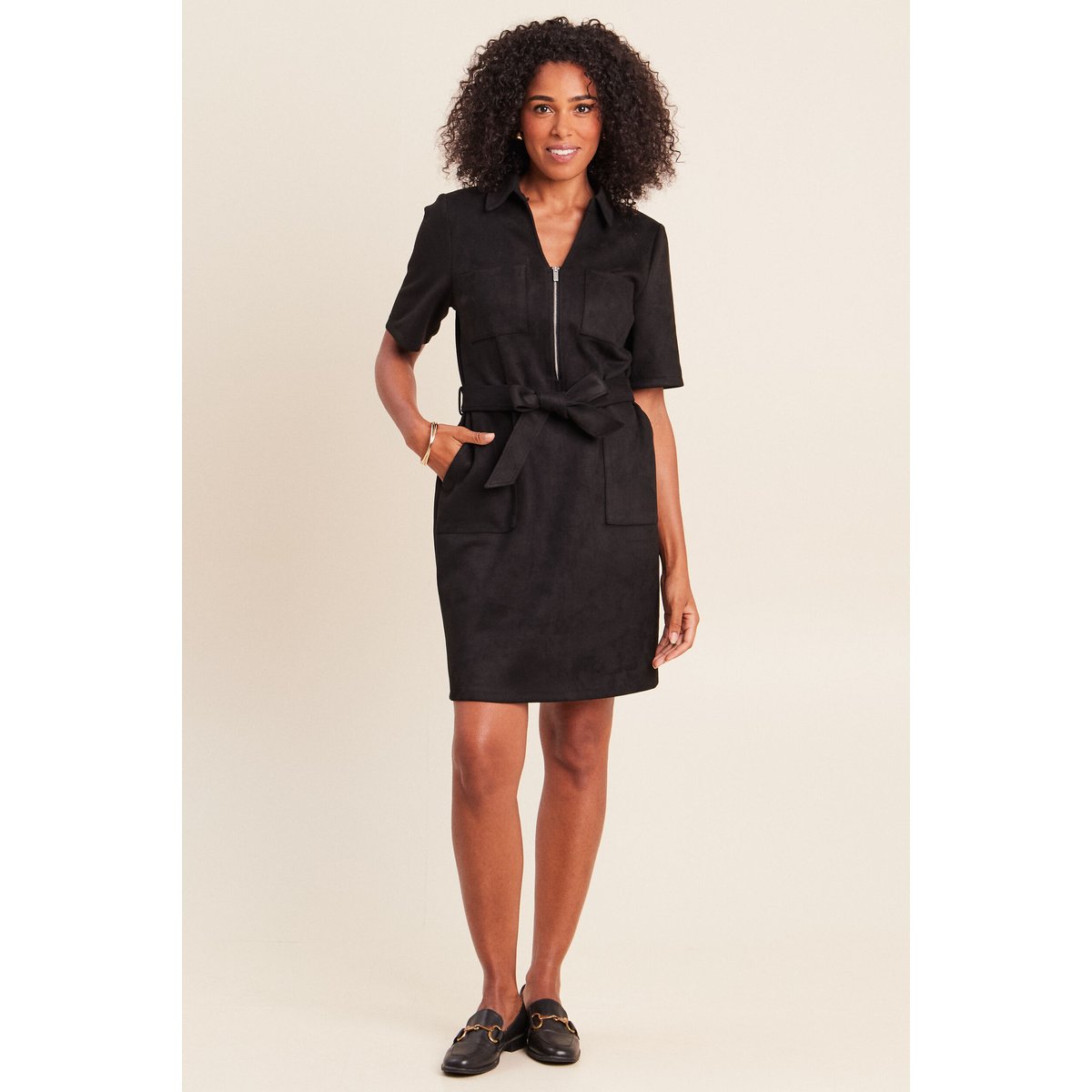Robe droite courte manches coudes daim noir, BREAL