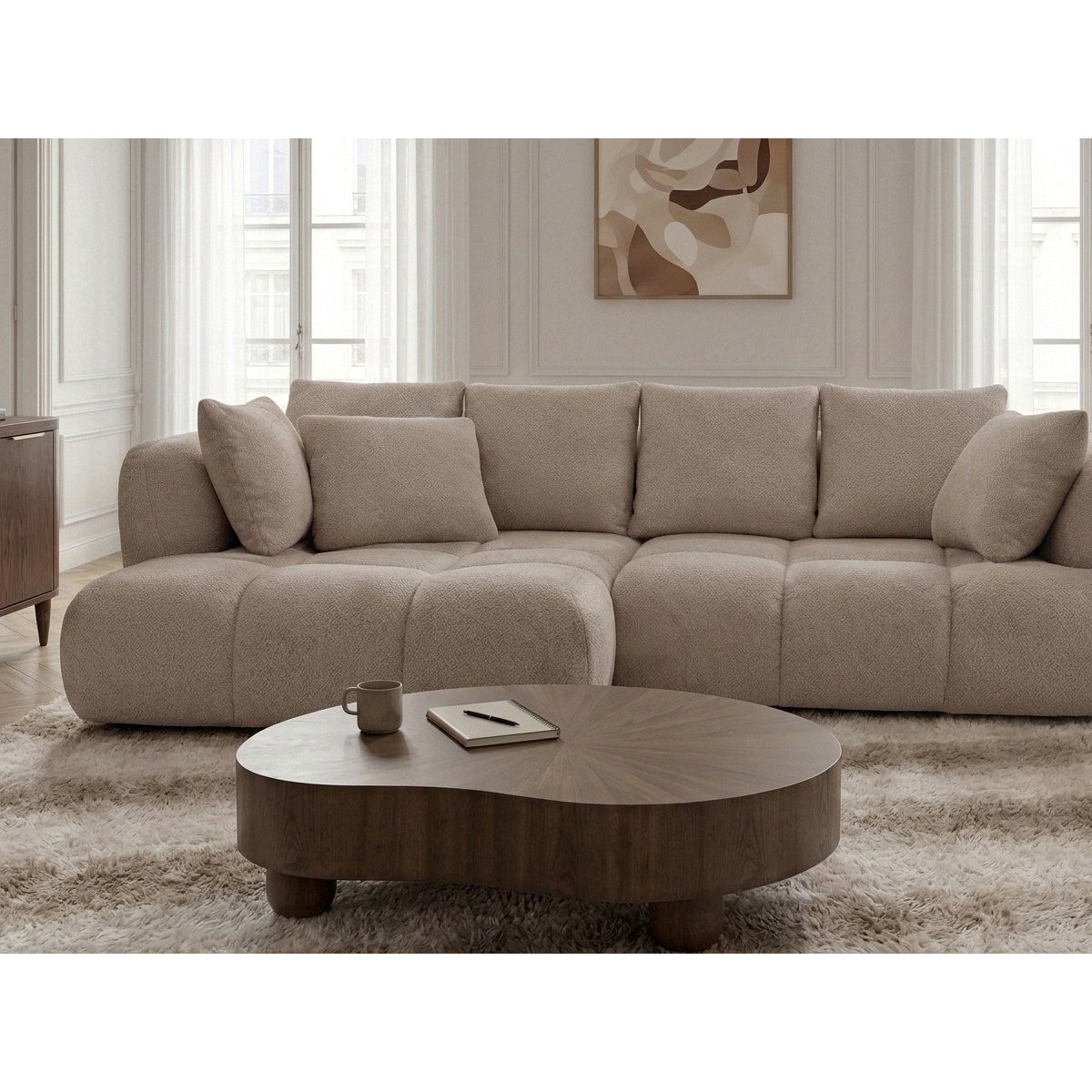 Canapé d'angle convertible 3 places en tissu bouclette, AUDE beige, BOBOCHIC