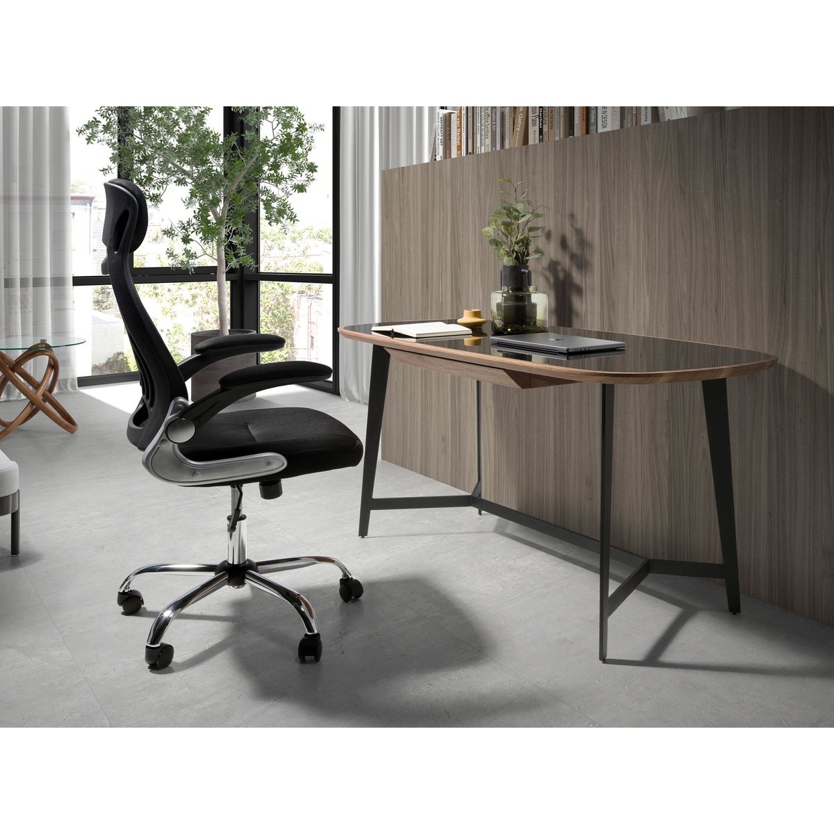 Bureau en noyer et acier noir avec plateau en verre noir noyer | noir, ANGEL CERDA