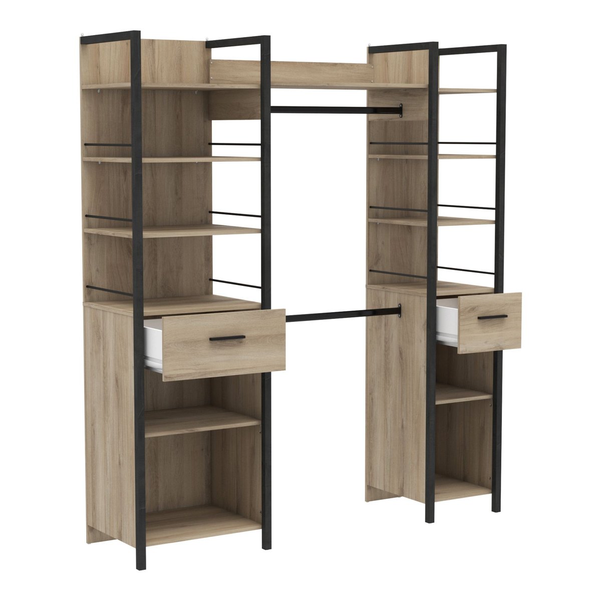 Dressing ouvert avec étagères et tiroirs bois clair, TERRE DE NUIT