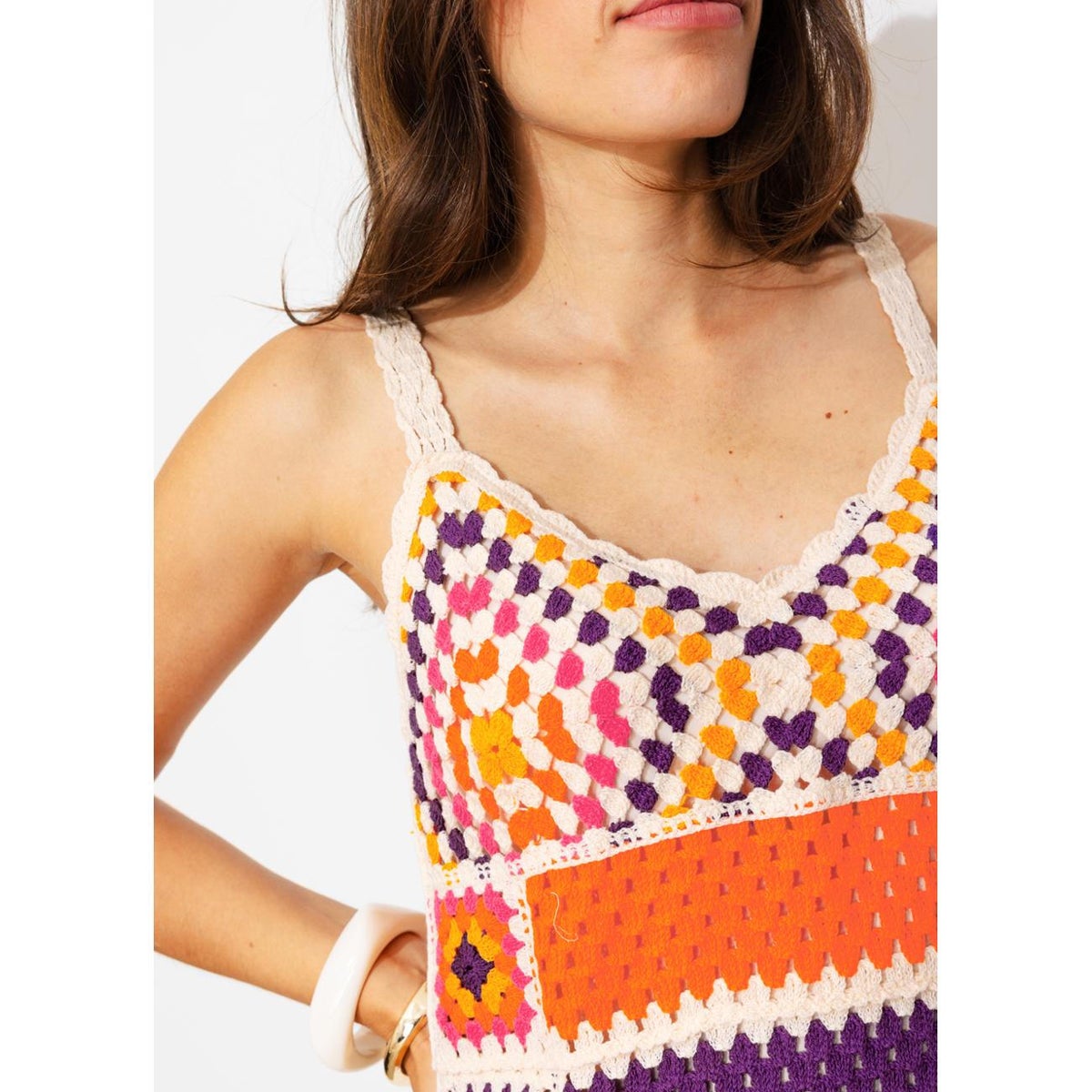 Robe courte en crochet rayures multicolores, PROMOD
