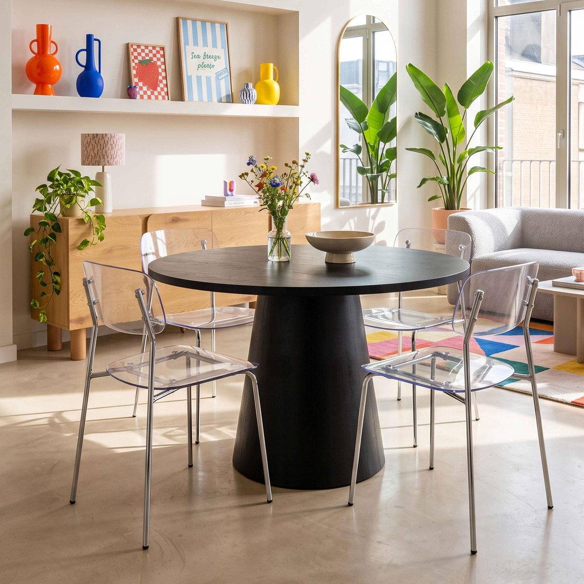 Table à manger ronde effet bois 4 personnes FSC 120 cm, NOELIE bois noir, OVIALA