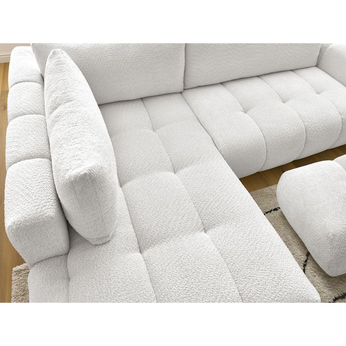 Canapé d'angle convertible 4 places en tissu bouclette avec pouf, FUJI blanc, BOBOCHIC