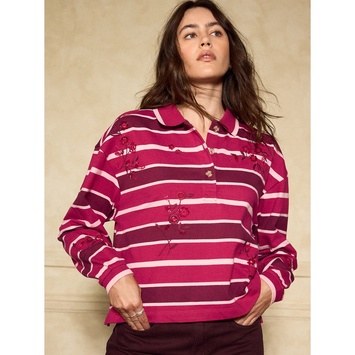 Haut style rugby à manches longues/ornements rayure rose foncé, NEXT