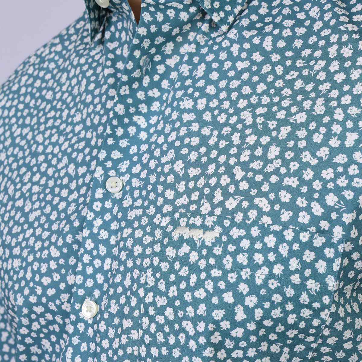 Chemise fleurie cintrée Hulric bleu mineral, MISE AU GREEN