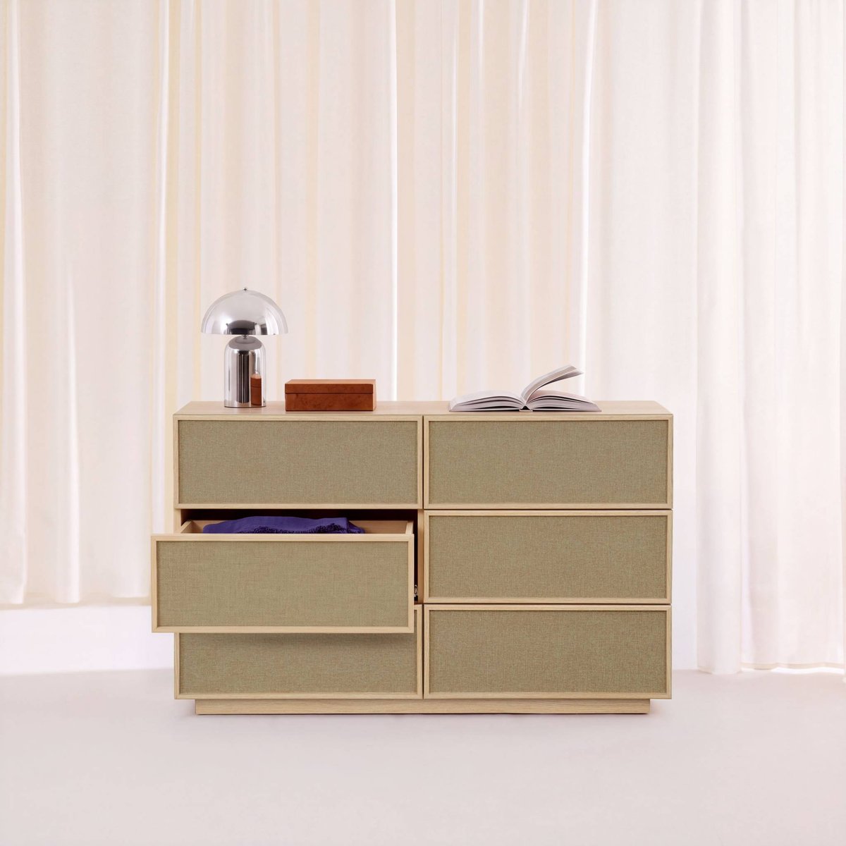 Commode de rangement décor bois et tissu 6 tiroirs KUBA naturel, SWEEEK