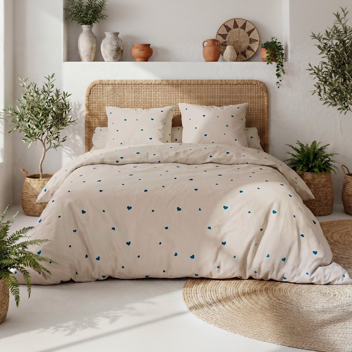 Parure housse de couette imprimée cœur bleu en coton, LAMOURELLE multicolore, ATELIER DU COTON