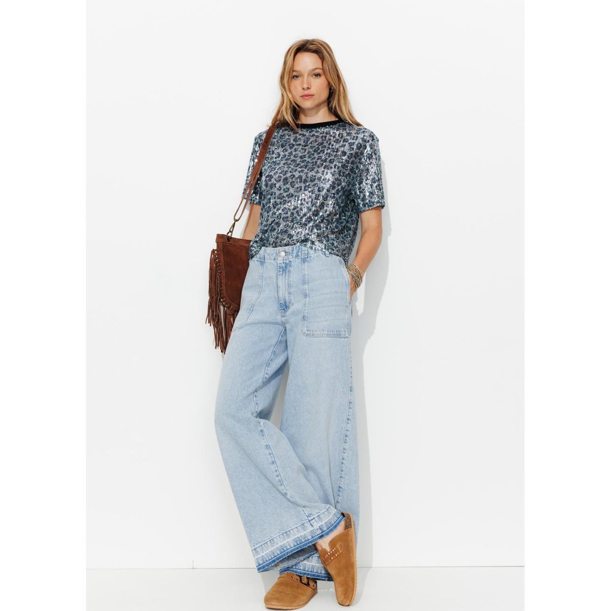 T-shirt léopard à paillettes bleu, PROMOD