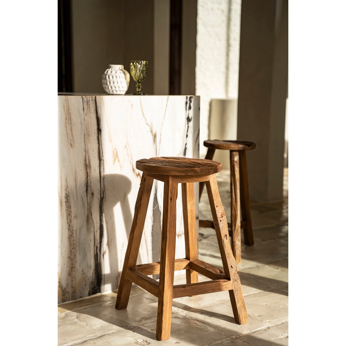Tabouret de bar en bois de teck récupéré SHIBORI beige, BAZAR BIZAR