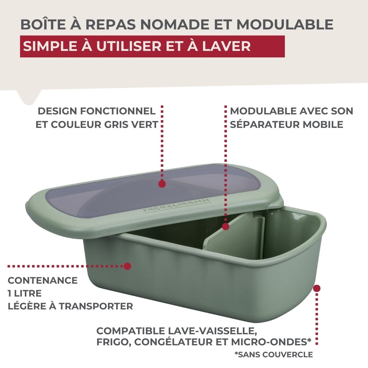 Lunchbox Verte à compartiment réglable 1 litre sans BPA STORAGE vert, FACKELMANN