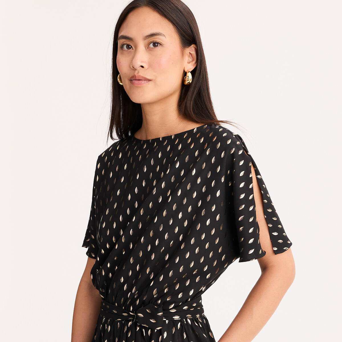 Abito fluido a pois, lunghezza midi, maniche corte nero/color oro, ANNE WEYBURN