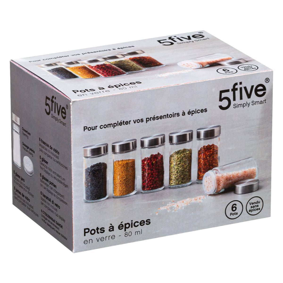 Lot de 6 bocaux à épices 80ml en verre et acier ESSENTIELS transparent, 5FIVE SIMPLY SMART