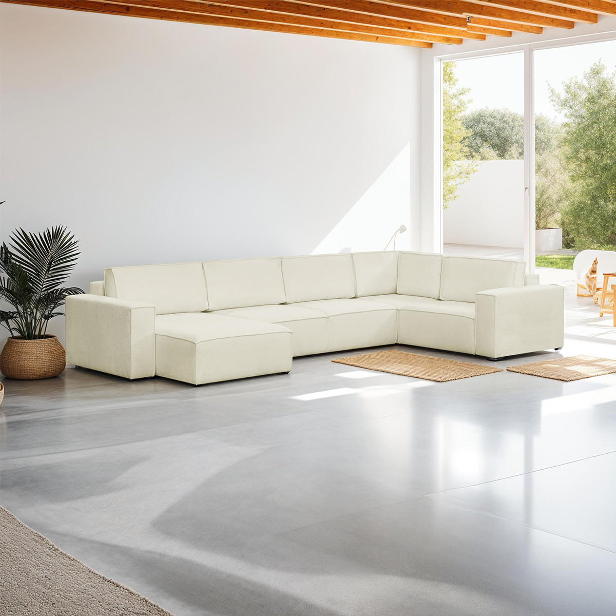 Canapé d'angle droit convertible 8 places en tissu bouclé - HARPER MOD ecru, HOMIFAB